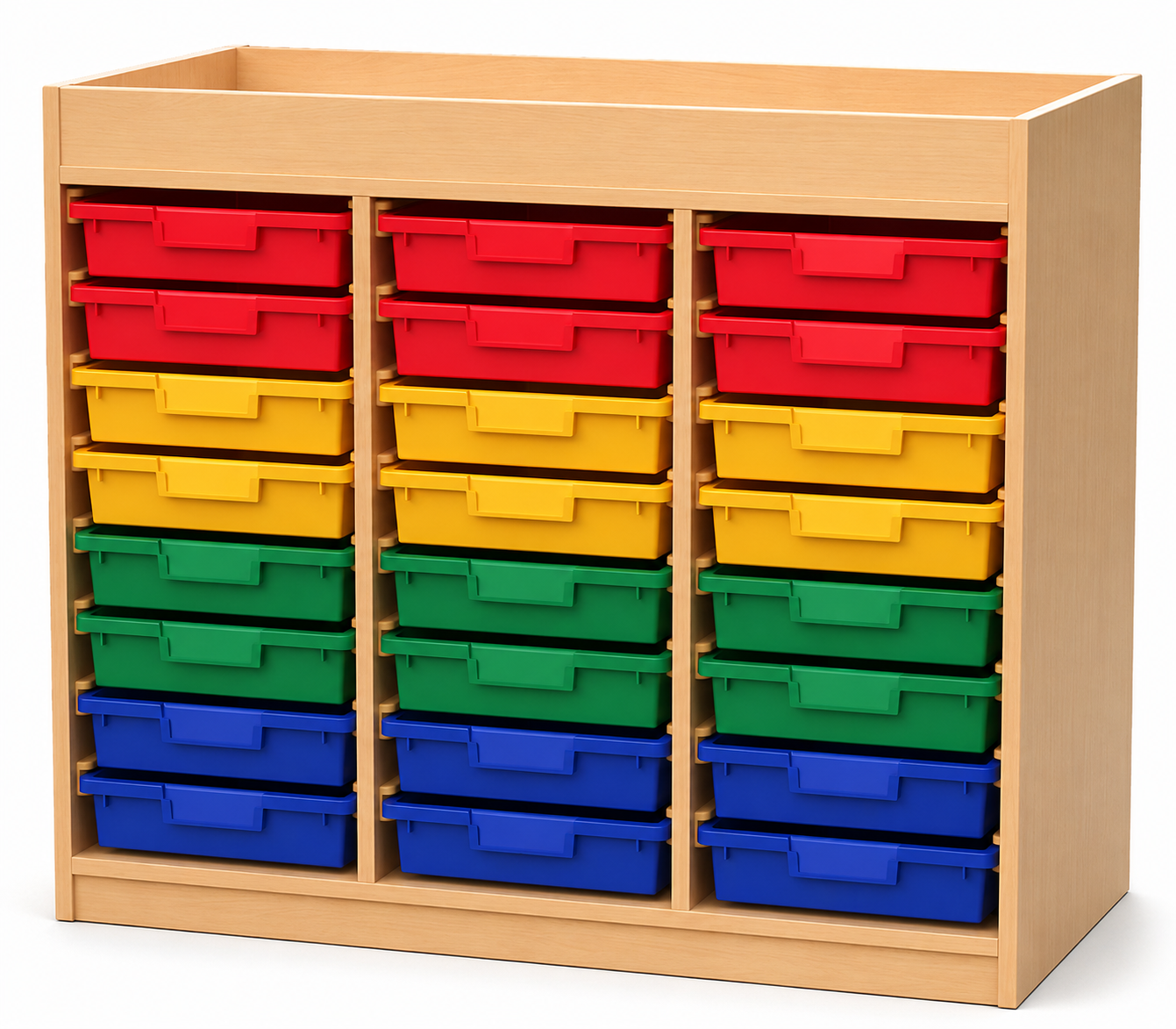 Materialcontainer, 3-reihig als Unterschrank - 24 Kästen und Aufkantung