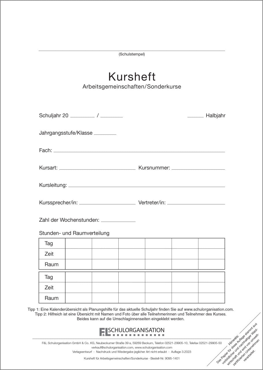 Klassenbuch F&L 9095-1401 Kursheft