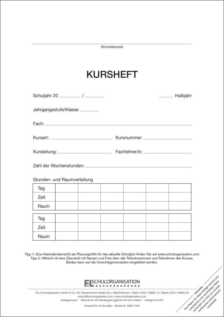 Klassenbuch F&L 9095-1404 - Kursheft Schuljahr